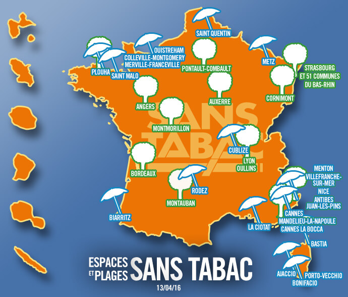 carte de France de espaces et plages sans tabac