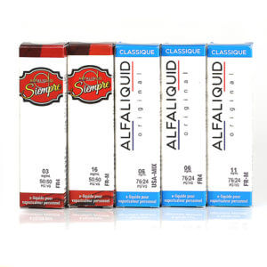 cinq flacons de e-liquides Alfa Siempre et Alfaliquid Original