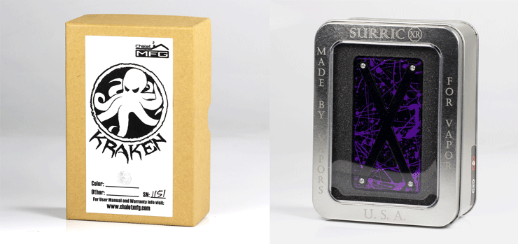 Une boîte en carton pour la Kraken V3 et une boîte métallique pour la Surric XR