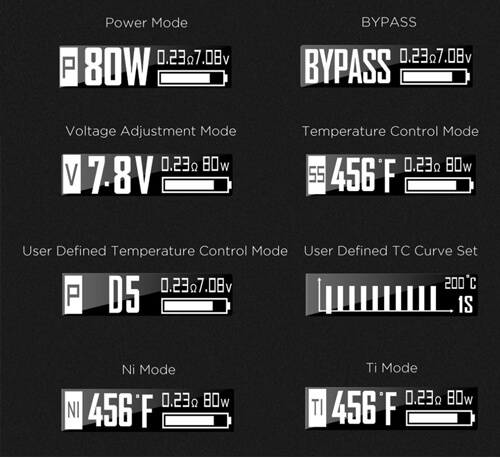 différents écrans de réglages de la pulse BF 80W