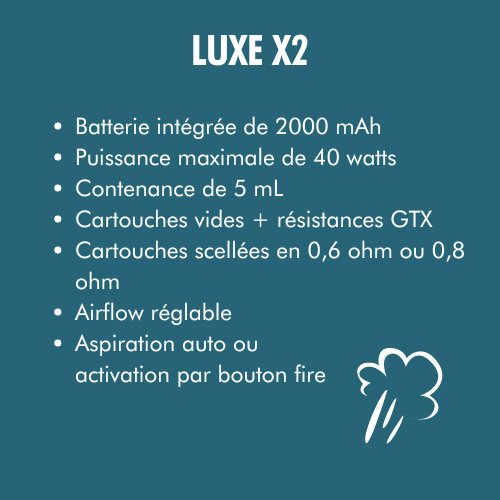 Tableau descriptif pod Luxe X2 de Vaporesso