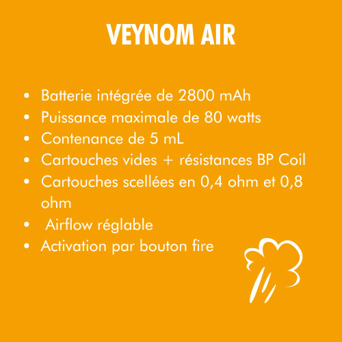 Tableau descriptif du pod Veynom Air d'Aspire 