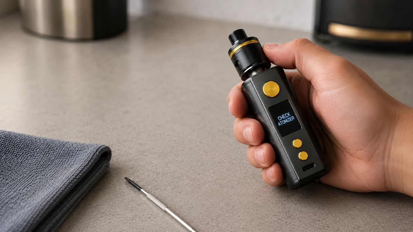 REMPLACER PAR : photo réelle — écran d'une box affichant « Check Atomizer », clearomiseur dévissé posé à côté, plot 510 visible (16:9)