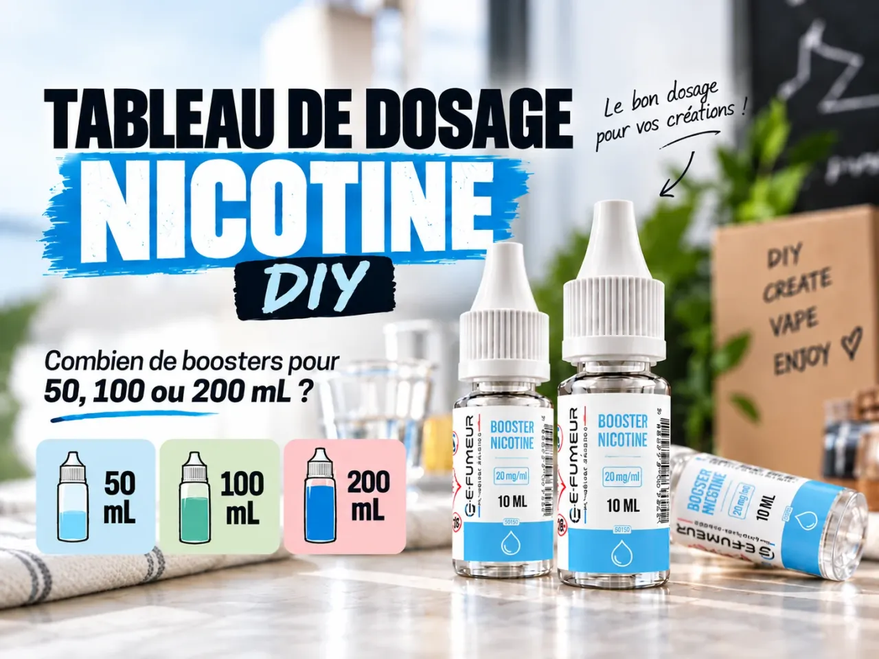 Plan de travail DIY : booster de nicotine 10 mL, base neutre, arôme concentré et flacon gradué avec gants