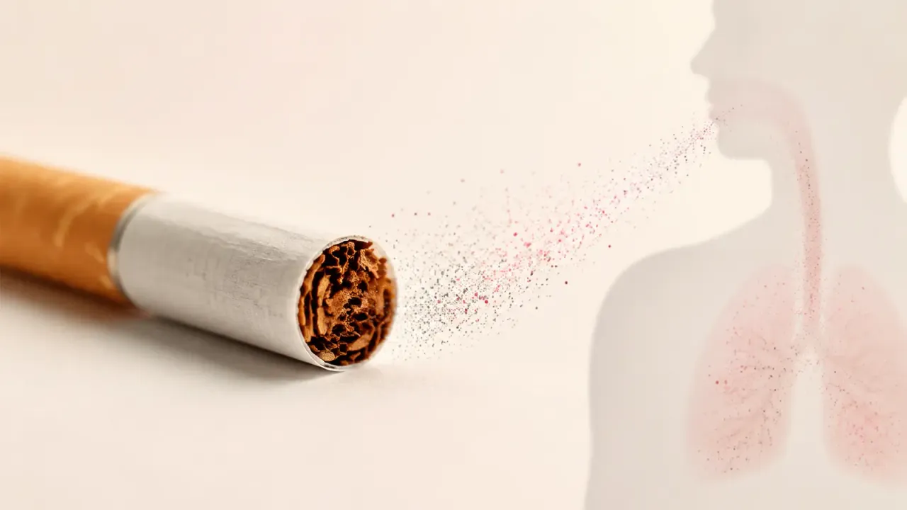 IMAGE A AJOUTER : visuel d'en-tete. Une cigarette et, en regard, la mention 10 mg contenus / 1 a 1,5 mg absorbes. Sobre, sans marque de tabac identifiable, sans produit de vapotage.