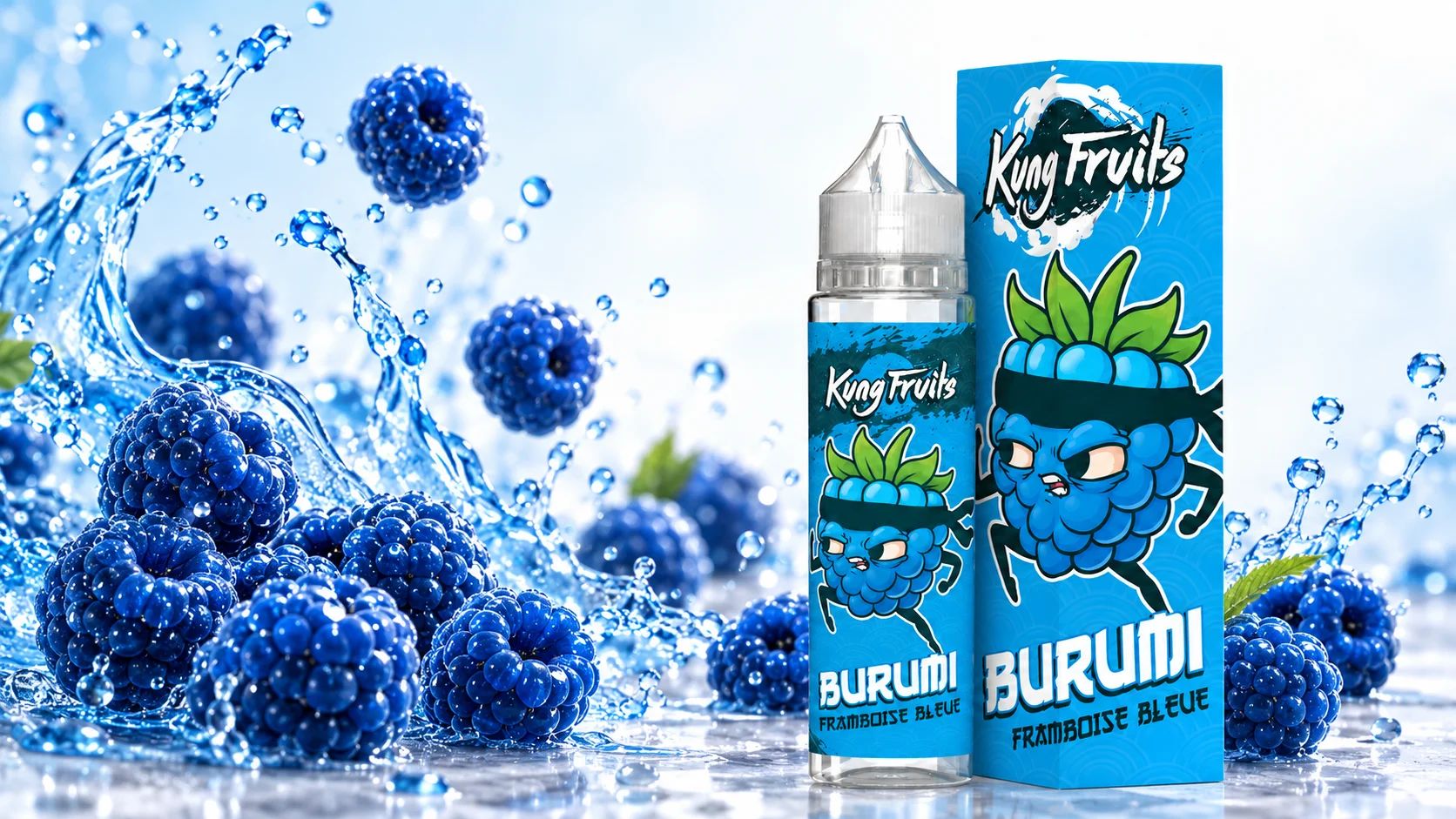 Flacon et étui de Burumi 50 mL Kung Fruits entourés de framboises bleues