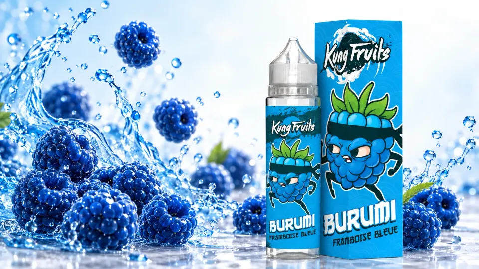 Flacon et étui de Burumi 50 mL Kung Fruits entourés de framboises bleues