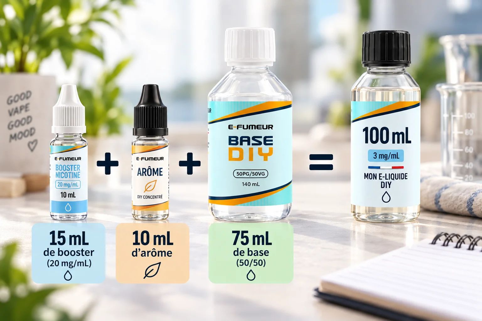 Schéma : 3 mg/mL × 100 mL ÷ 20 = 15 mL de booster, soit 1,5 booster de 10 mL, plus 10 mL d'arôme et 75 mL de base